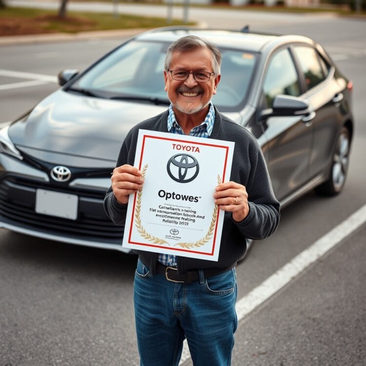 A happy Toyota Corolla owner holding a reliability award, with the car in the background, symbolizing high consumer satisfaction and excellent reliability ratings.