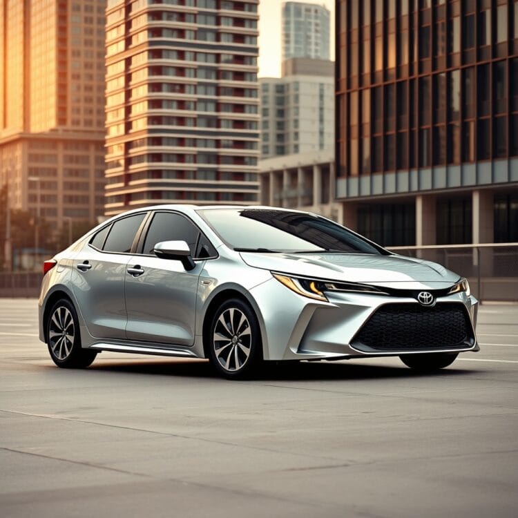 A sleek Toyota Corolla parked in a modern cityscape, emphasizing its design evolution and functionality over the years, showcasing its resistance to corrosion and wear.
