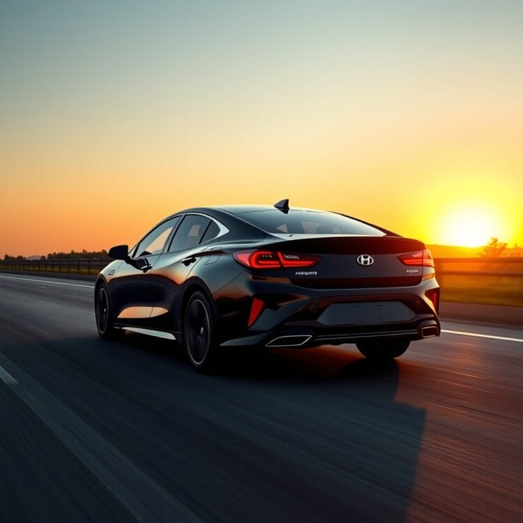 A sleek hybrid vehicle cruising on a highway during sunset, showcasing its efficiency and the serene beauty of long-distance travel.