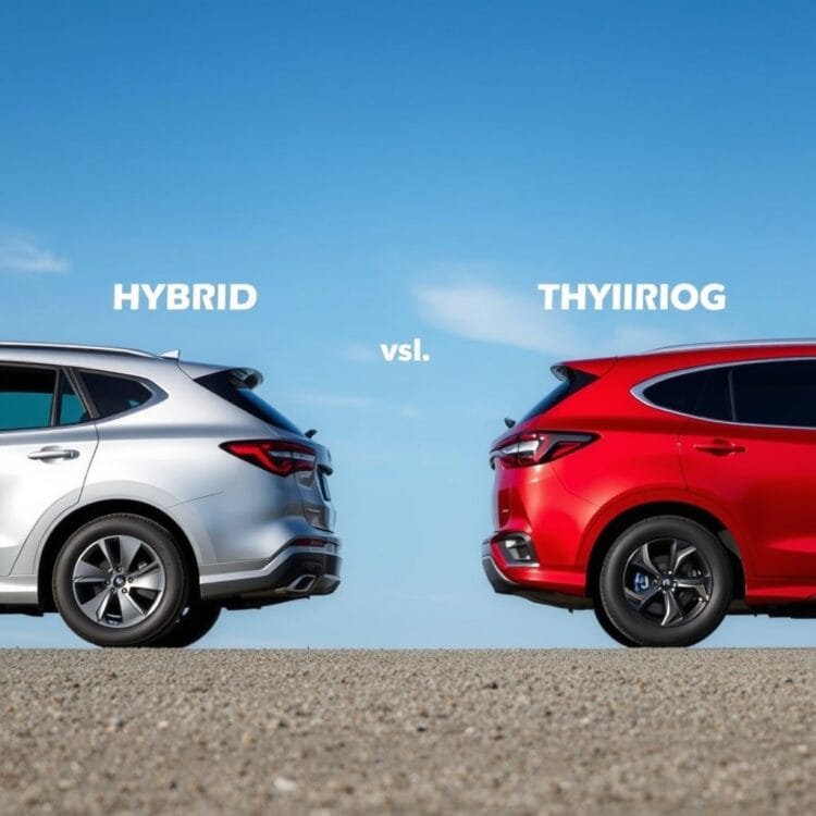 A detailed comparison of emissions between a hybrid and a traditional vehicle, set against a backdrop of a clear blue sky to emphasize environmental impact.
