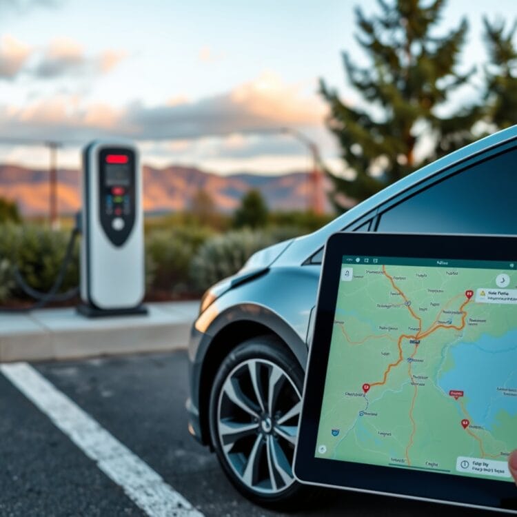 A modern hybrid car parked at a charging station with a scenic route map displayed on a tablet, highlighting efficient route planning for long trips.