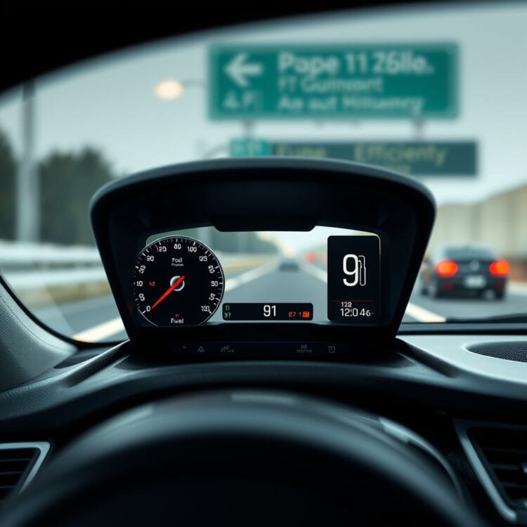 A sleek, modern car dashboard highlighting fuel efficiency indicators, with a focus on the fuel gauge and range display, set against a blurry highway background to emphasize long-distance travel.