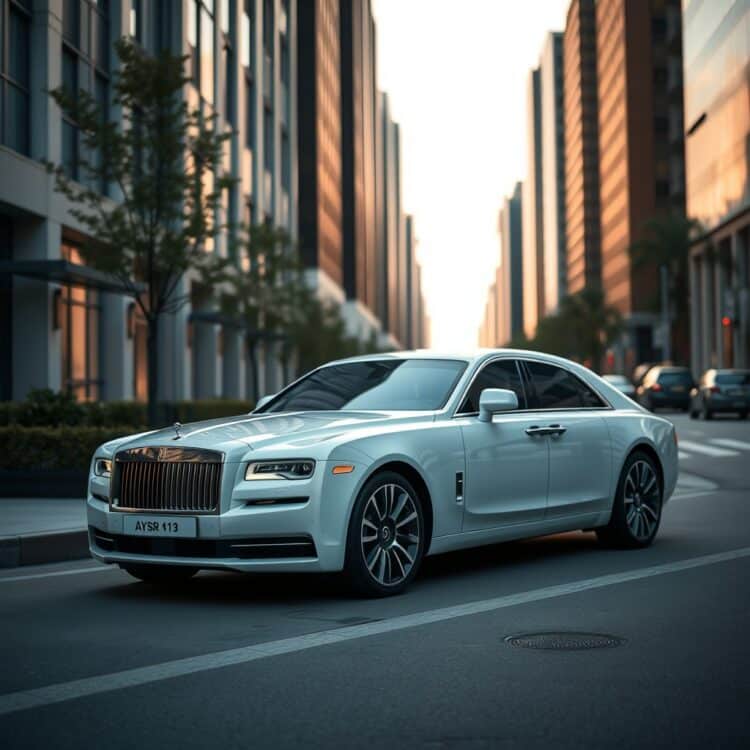 A luxurious car parked in an upscale urban setting, showcasing its elegant design and advanced technology features that contribute to its high mileage, under soft evening lighting.