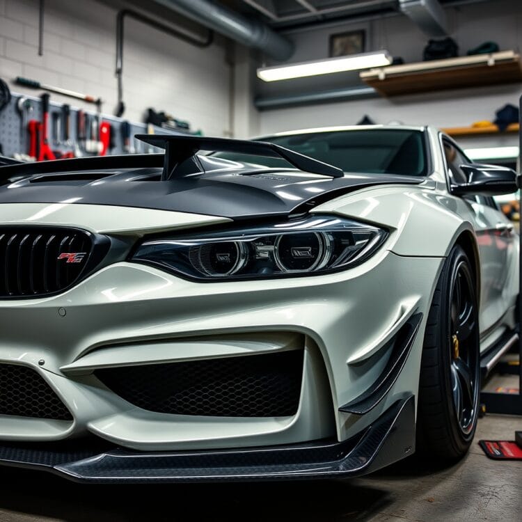 A close-up of a car undergoing customization in a professional garage, focusing on aerodynamic modifications and lightweight parts being installed, with tools neatly arranged in the background.