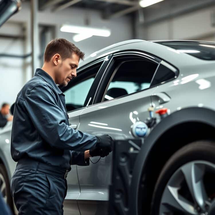 A professional stock photo of a mechanic performing routine maintenance on a hybrid car, highlighting the importance of regular check-ups for longevity.