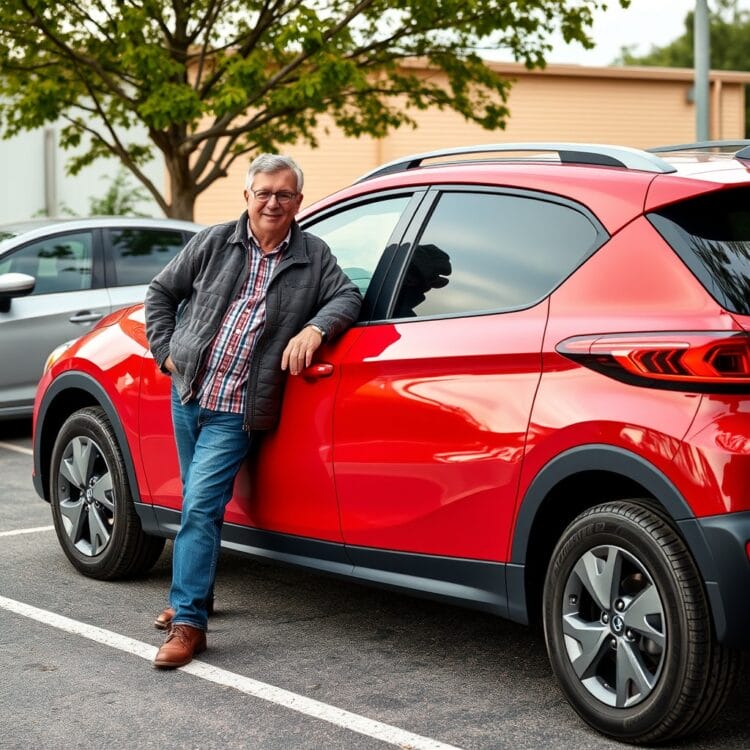 A professional stock photo showcasing a high-mileage hybrid car with its owner, illustrating real-world durability and success stories.