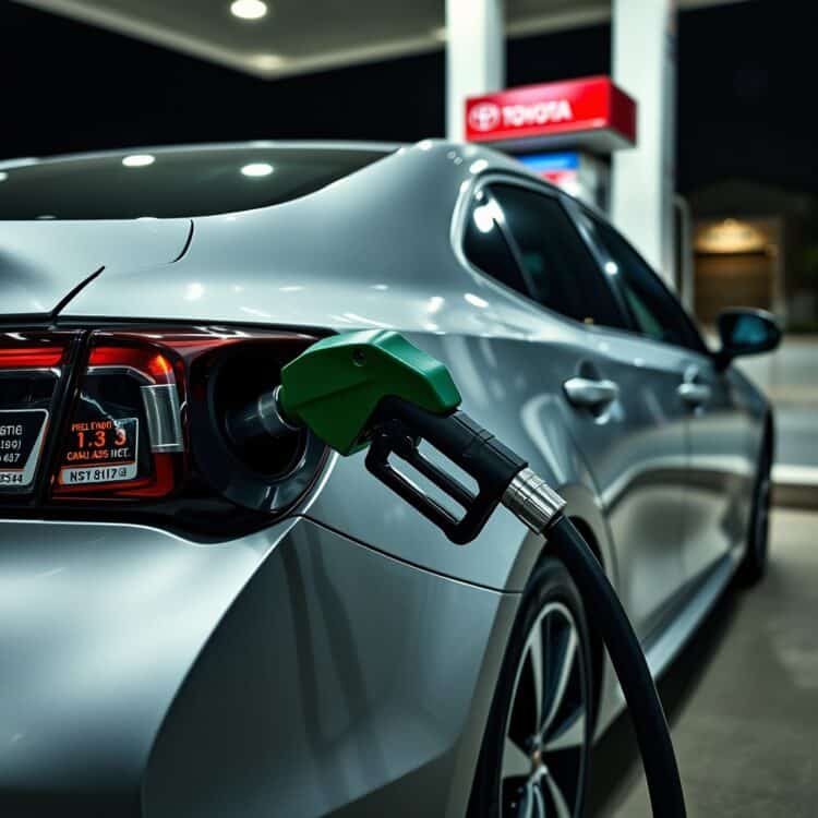 A sleek Toyota Corolla Hybrid parked at a gas station, with a focus on the fuel pump nozzle inserting into the tank, highlighting the comparison between hybrid and traditional fuel systems.