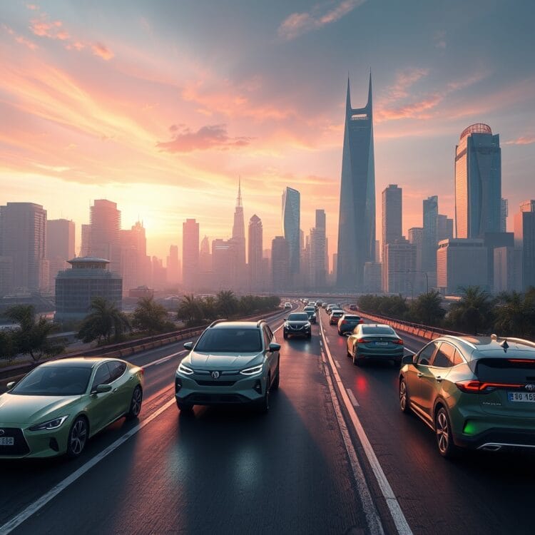 A futuristic cityscape with electric and hybrid vehicles on the road, symbolizing the future of fuel costs for hybrid vehicles and the impact of electric vehicles.