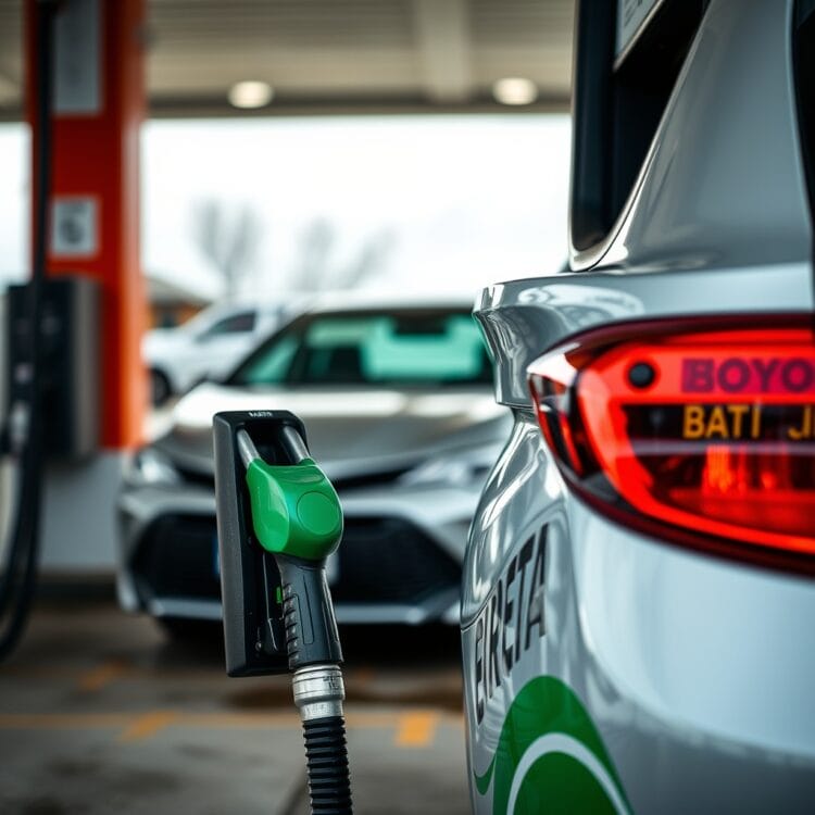 A close-up of a biofuel pump at a gas station, with a Toyota Corolla Hybrid in the background, exploring alternative fuel options for hybrid vehicles.