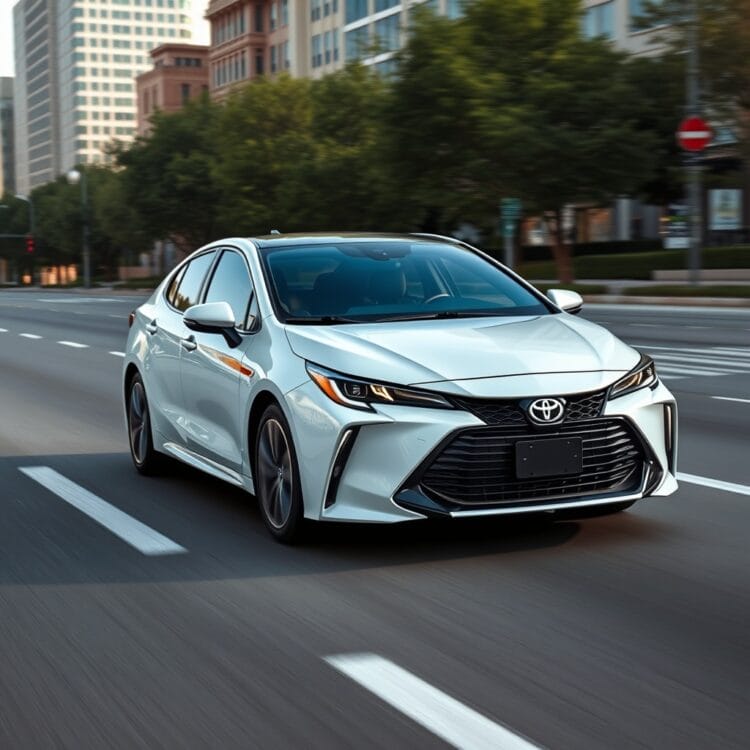 A sleek Toyota hybrid car driving smoothly on a city road, showcasing optimal driving techniques for maximizing electric-only range, with a focus on eco-friendly and efficient driving habits.