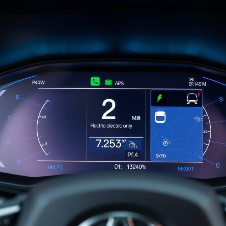 A close-up of a Toyota hybrid dashboard display, highlighting the tools and apps used for calculating and understanding the vehicle's electric-only range, with a modern and high-tech appearance.
