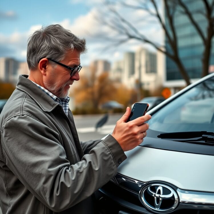 A Toyota hybrid owner using a smartphone app to monitor and track the vehicle's electric-only usage and efficiency, set against a backdrop of a scenic urban environment.