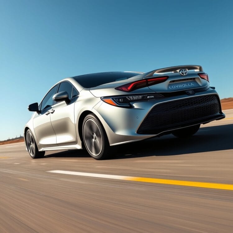 A sleek Toyota Corolla Hybrid in motion, showcasing its aerodynamic design and electric motor efficiency under a clear blue sky.