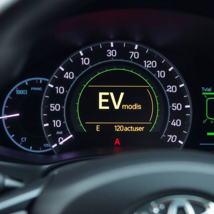 Close-up of a Toyota Corolla Hybrid dashboard highlighting the EV mode activation, with a focus on the energy flow display during city driving.