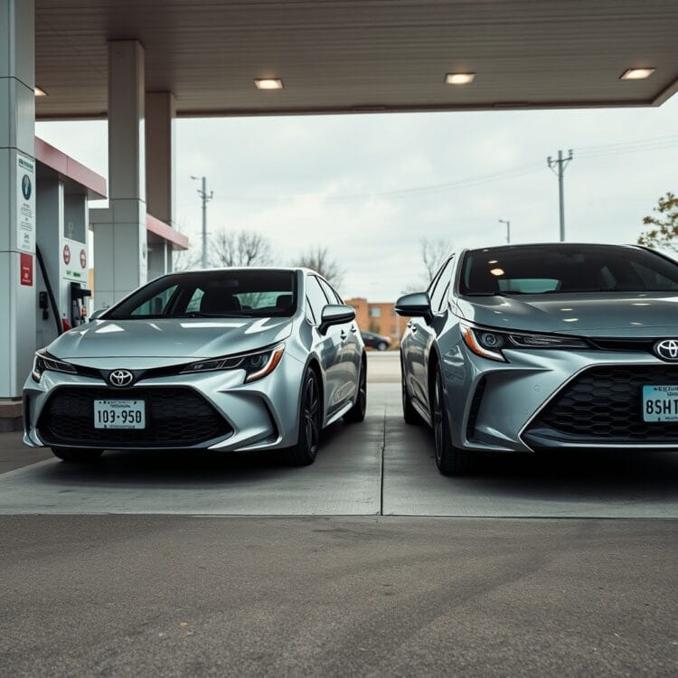 Side-by-side comparison of a Toyota Corolla Hybrid and a traditional gasoline model at a fuel station, emphasizing the hybrid's fuel efficiency.