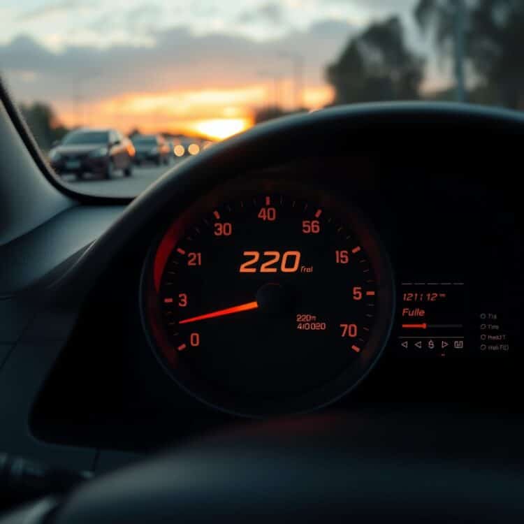 A Toyota Corolla dashboard with the fuel gauge on empty, highlighting the moment of calculating remaining miles, set against a blurred highway background during sunset.