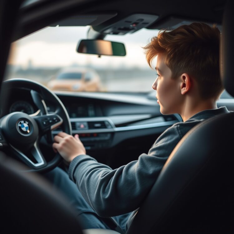 A young driver sitting in a BMW, looking at the dashboard with curiosity, highlighting the theme of age restrictions and BMW models.