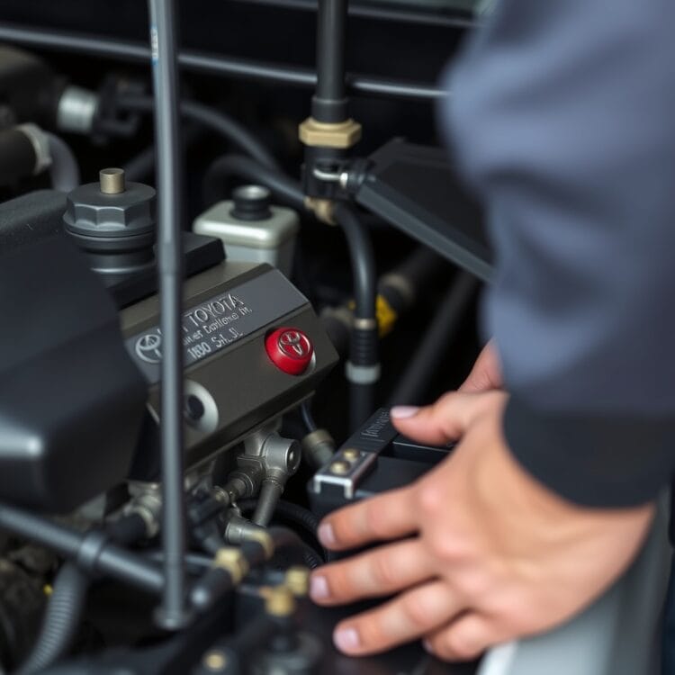 A close-up of a Toyota Corolla's fuel system being inspected by a mechanic, showcasing the importance of regular maintenance for fuel efficiency.