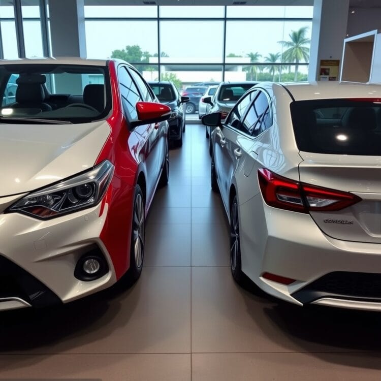 Side-by-side comparison of different Toyota Corolla models parked in a showroom, emphasizing their fuel efficiency and design evolution over the years.