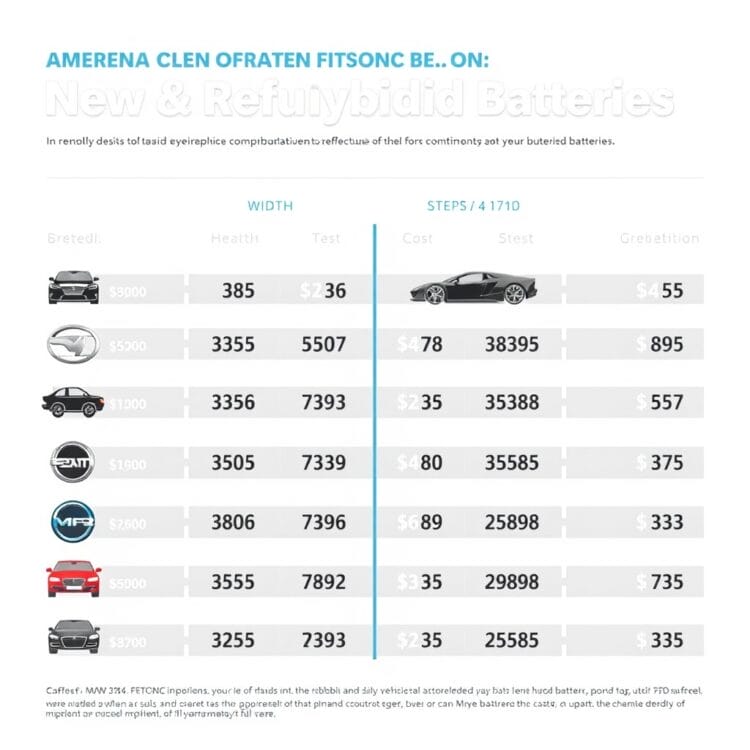 A detailed infographic showing the cost comparison between new and refurbished hybrid batteries for various vehicle makes, set against a clean, professional background.