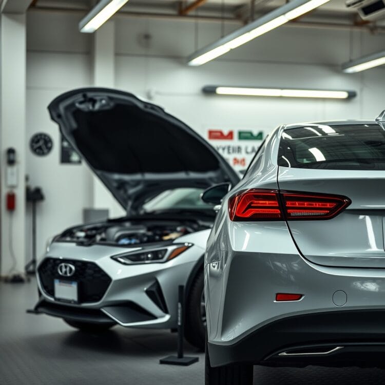 A serene image of a hybrid vehicle being serviced in a professional garage, focusing on the technician performing routine battery maintenance checks.