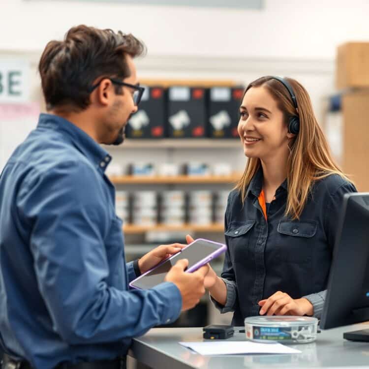 An engaging photo of a customer and service provider discussing battery replacement options, highlighting negotiation and cost-saving strategies in a professional setting.