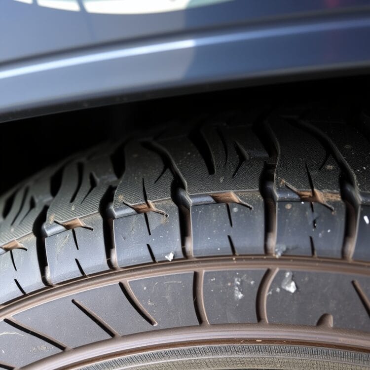 A close-up of a hybrid car's tire showing wear patterns, with a focus on the tread depth and the unique wear caused by regenerative braking systems.