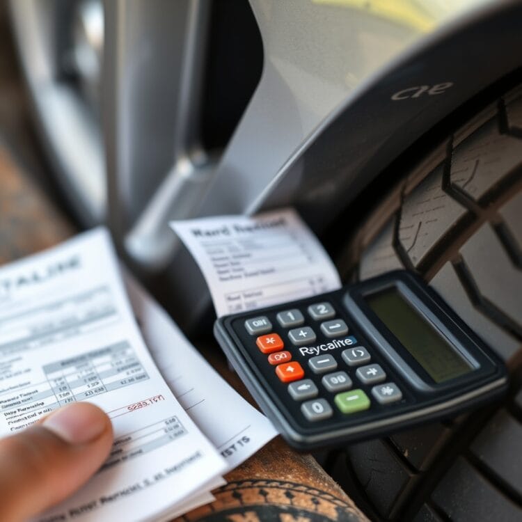 A detailed shot of a calculator and a receipt for tire replacement next to a hybrid car, emphasizing the cost analysis of maintaining hybrid vehicle tires.