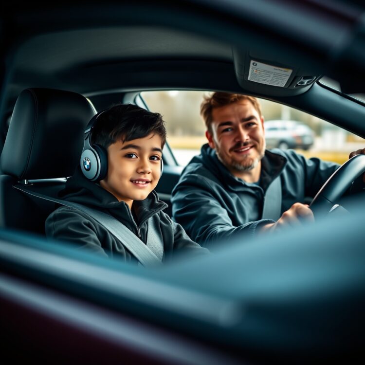 A professional driving instructor and a young student in a BMW, focusing on the importance of training and education for young drivers.