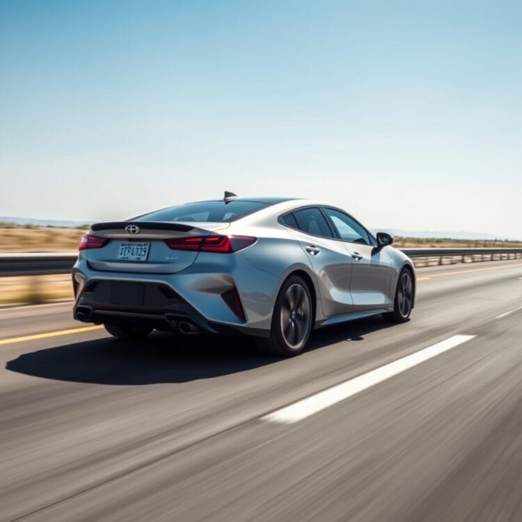 A sleek hybrid car accelerating on a open highway, showcasing its performance and power under clear blue skies.