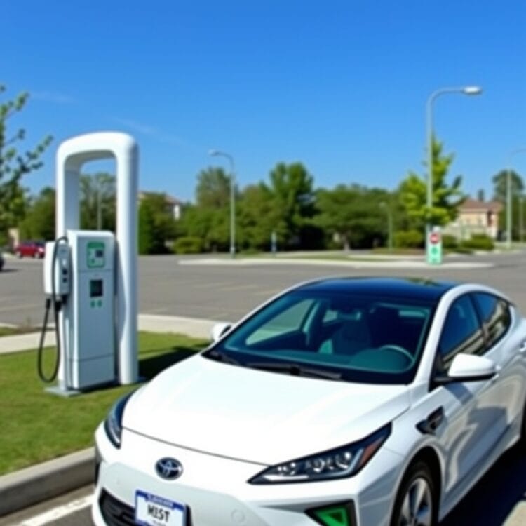 A modern hybrid car parked near a public charging station, highlighting the convenience and infrastructure for hybrid vehicle owners.
