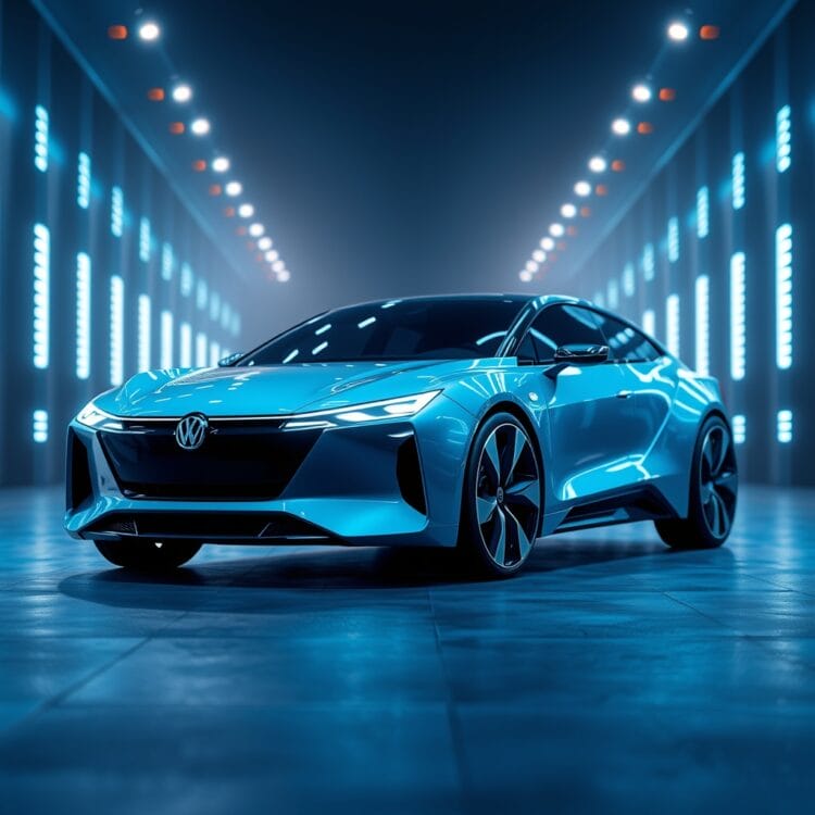A futuristic hybrid car concept under bright lights, symbolizing innovation and the future of hybrid technology in the automotive industry.