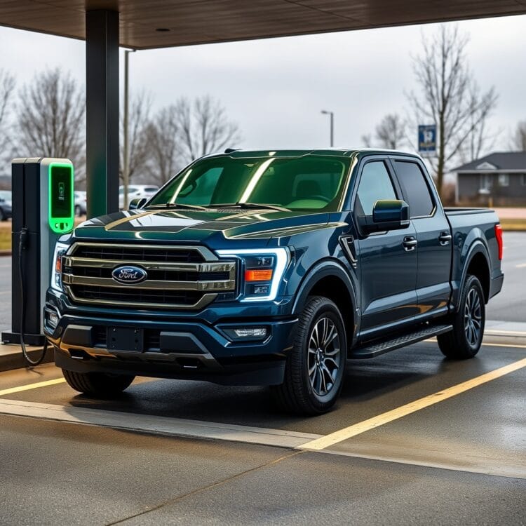 A sleek, modern electric Ford F-150 Lightning charging at a station, symbolizing the shift towards electric vehicles and the future of the F-150 lineup.