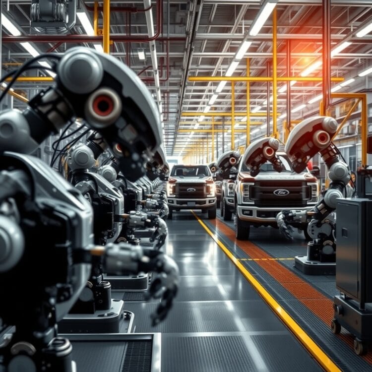 A futuristic Ford manufacturing plant with robots assembling trucks, highlighting Ford's investment in future technologies and the evolution of truck manufacturing.