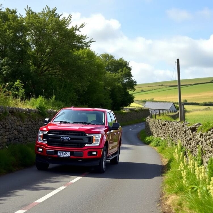 A Ford F-150 navigating narrow UK country roads, showcasing its adaptability to different driving conditions.