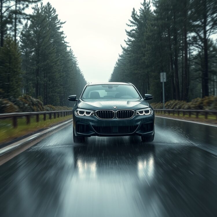 A BMW navigating through a rainy road, emphasizing the challenges and considerations of driving in adverse weather conditions.