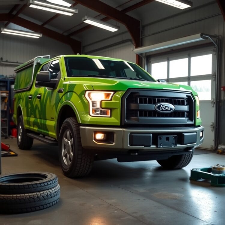 A Ford F-150 undergoing eco-friendly modifications in a UK garage, highlighting environmental considerations for large trucks.