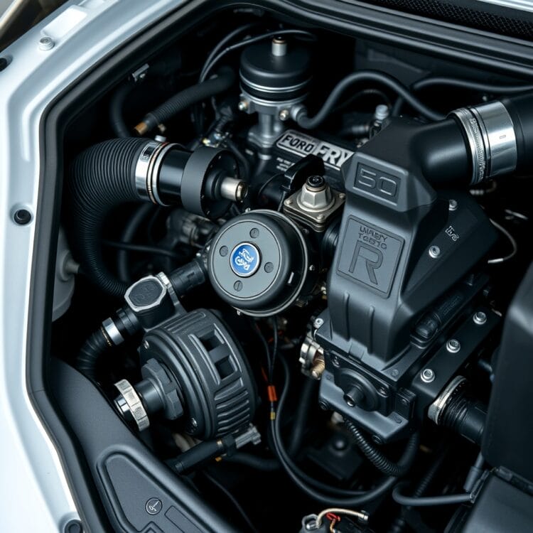A close-up of a Ford F-Series engine bay, showcasing the powertrain components with a focus on durability and maintenance.