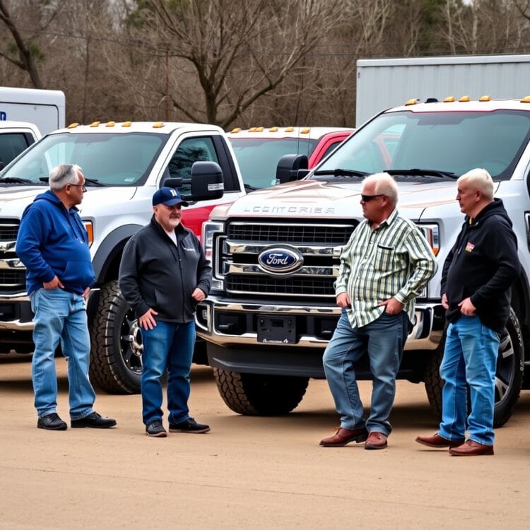 A group of diverse Ford F-Series owners sharing their experiences, with their trucks parked in the background.