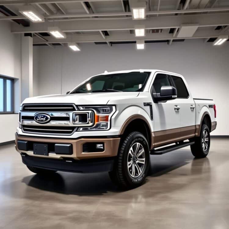 A high-quality stock photo of a Ford F-Series pickup truck in a showroom setting, highlighting its design and features, with a professional and clean background.