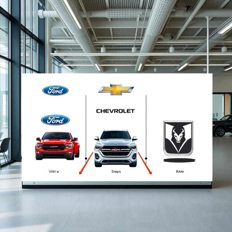 A professional stock photo of a comparison chart or infographic in a modern office setting, symbolizing the comparison between Ford, Chevrolet, and Ram pickup trucks.