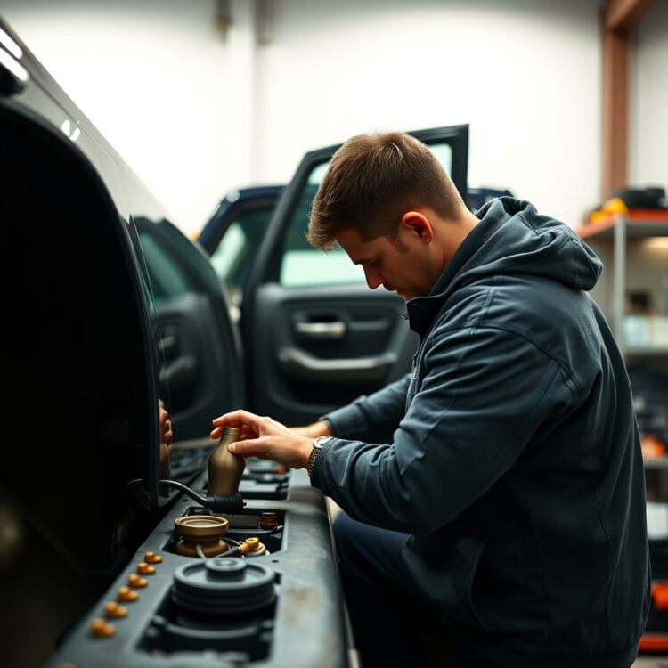 A high-quality stock photo of a person performing routine maintenance on a pickup truck, such as checking the oil or tire pressure, in a well-lit garage setting.