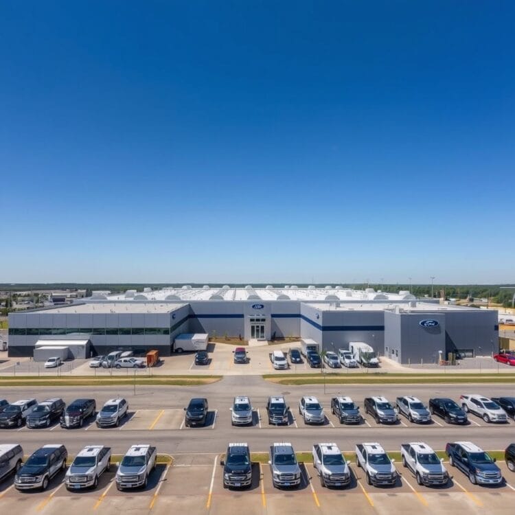 Aerial view of the Kentucky Truck Plant showcasing its vast size and modern facilities, with Ford F-Series trucks lined up in the parking lot under a clear blue sky.