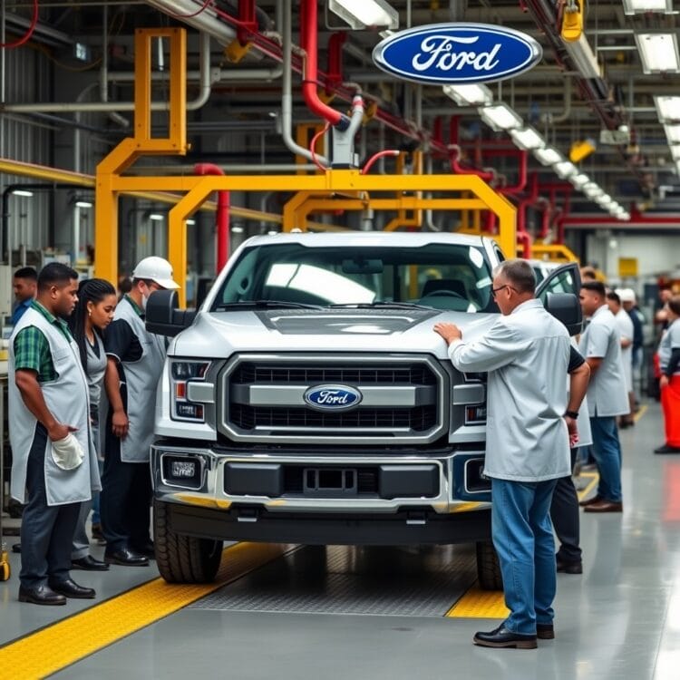 Group of diverse factory workers at a Ford assembly plant, engaged in quality control checks on a Ford F-Series truck, highlighting teamwork and precision in manufacturing.