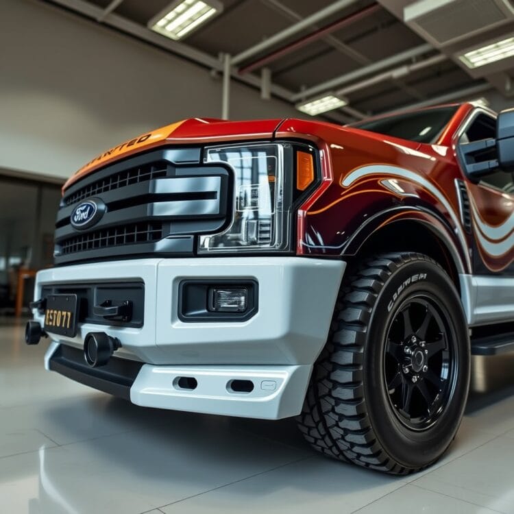 Close-up of a custom Ford F-Series truck with unique paint job and aftermarket modifications, parked in a well-lit showroom setting, emphasizing customization options.