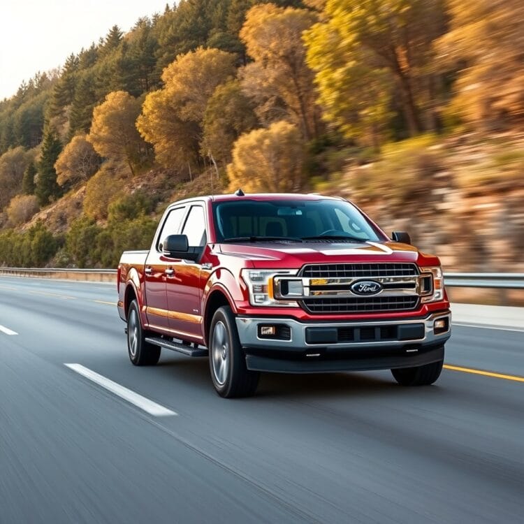 A Ford F-150 being driven smoothly on a highway, showcasing conservative driving habits for longevity, with a focus on the vehicle's durability and performance under optimal conditions.