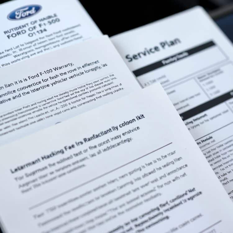 A detailed close-up of a Ford F-150's warranty document and service plan booklet, highlighting the importance of understanding coverage and maintenance schedules for vehicle longevity.