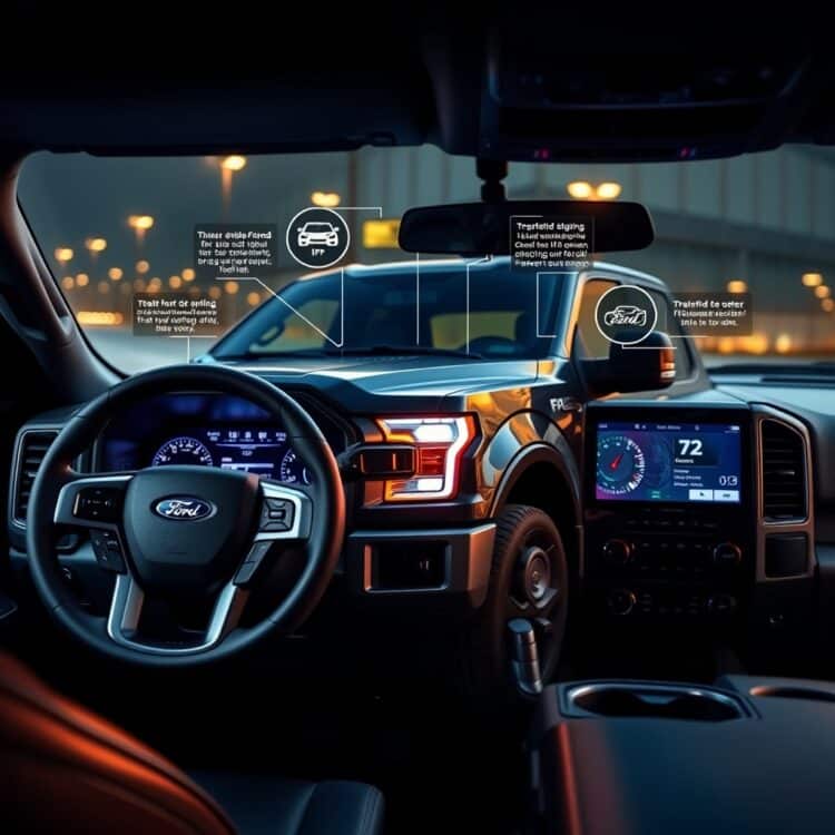 A modern Ford F-150 with advanced technological features displayed on its dashboard, emphasizing the impact of new technologies on the truck's durability and performance.