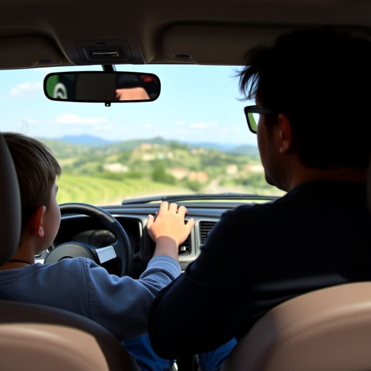 A young driver behind the wheel of a small car, supervised by an adult, with Italian countryside scenery in the background.