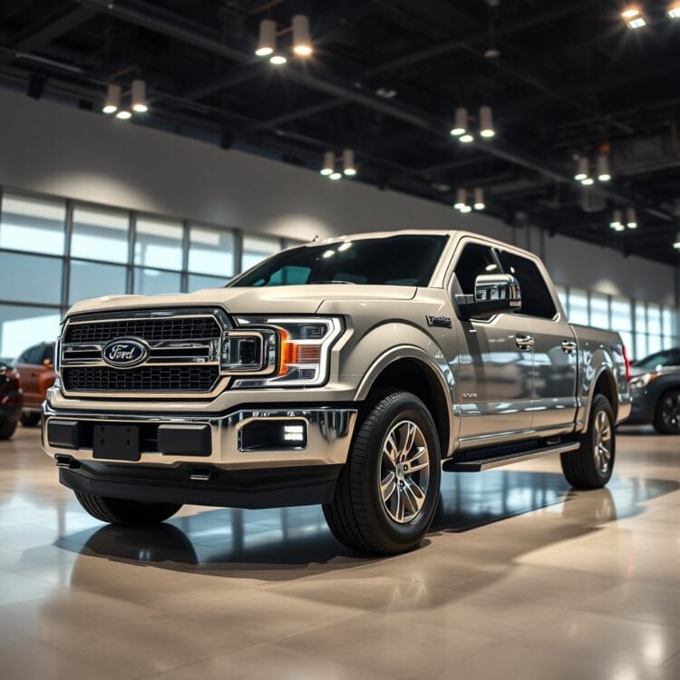 A sleek Ford XLT truck under bright showroom lights, emphasizing its value and pricing, with a focus on its premium features and design.